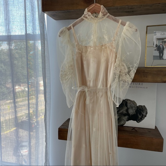 Vintage Ivory Lace & Satin Dress Puff Sleeve Midi - Picture 8 of 8